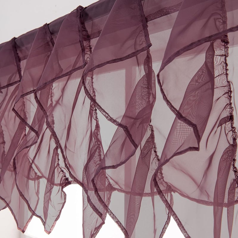 PearAge Ruffled Voile Semi Sheer Curtain Valance, Kitchen Living Room Shabby Chic Ruffle Valance Curtains, Girls Daughters Bedroom Cascade Window Valance Dark Purple 50x16 Inches - Image 5